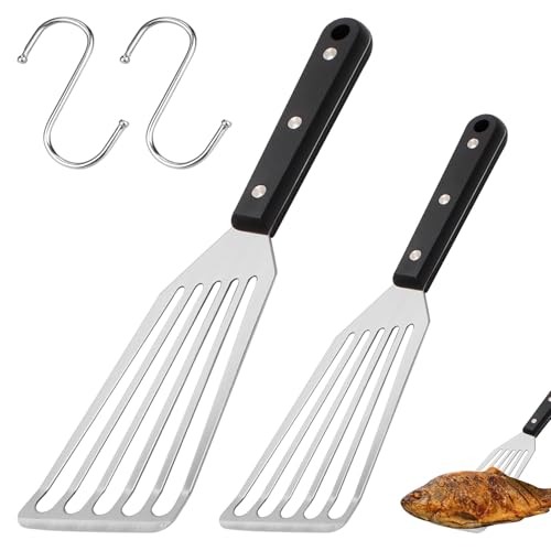 2 PCS Fish Spatula,Metal Slotted Spatula Turner,Stainless Steel Fish Turner with ABS Solid Handle for Flipping,Frying and Grilling,Attached S Hooks,Fish Slice Spatula(11inch & 12.5inch)