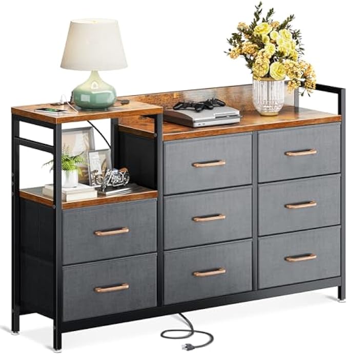 ODK Dresser with Charging Station, 52-Inch Long Dresser TV Stand for Bedroom, Large Dresser with 8 Storage Drawers, Chest of Drawers Easy-Pull Fabric Dressers for Living Room, Black and Dark Grey