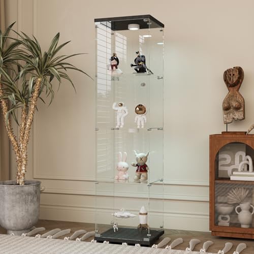 Havemies 4-Tierd Glass Display Cabinet, 5mm Tempered Glass Display Cabinets with LED Light and Adjustable Floor Feet for Bedroom, Living Room, Home Office (Black)