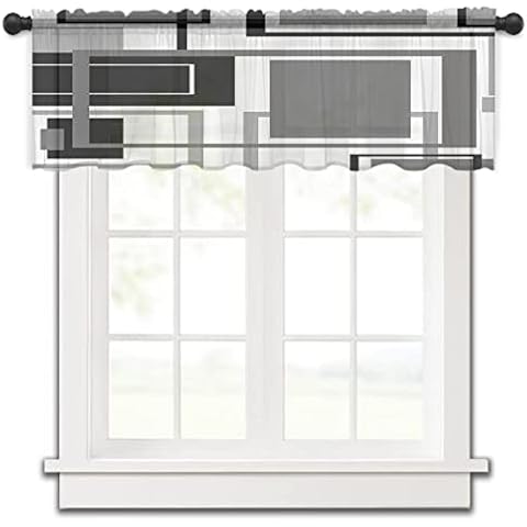 BOBOWUNY Grey Black Abstract Art Sheer Window Valance Rod Pocket Valance Curtain, Gray Middle Century Geometric Semi Sheer Drapery for Bedroom Kitchen Window Decor Curtains, 1 Panel 54"x18" Cover