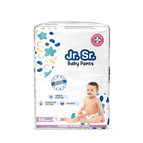 Image of Jr. Sr. Baby Diaper Pants | Large (L) Size (9-14 kg), 60 Count | Pack of 1 | Upto 12 hr Absorption with Advanced Leak Protection | Safe For Babies Skin | Soft, Secure & Comfy