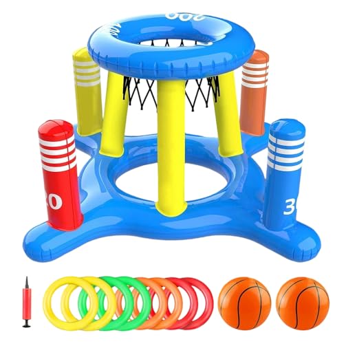 Fiotha Canestro gonfiabile per piscina con gioco di lancio ad anelli, set galleggiante gonfiabile, giocattolo acquatico, cestino da basket galleggiante con 2 palline e 8 anelli di lancio, gioco in