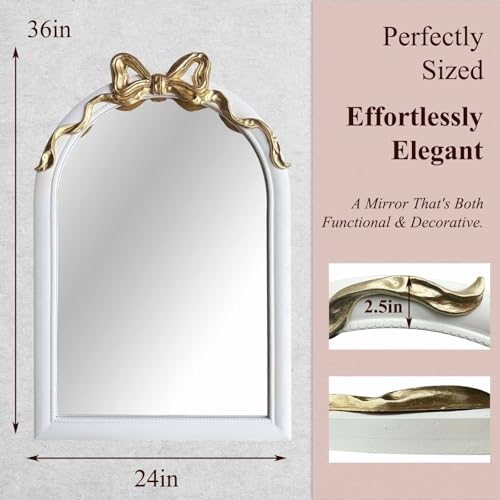 Image of 36x24 Arched White Bow Wall Mirror with Gold Ribbon, Vintage Vanity Mirror for Bedroom & Nursery Decor, Cute Coquette Aesthetic Engineered Wood Frame, Shabby Chic Style