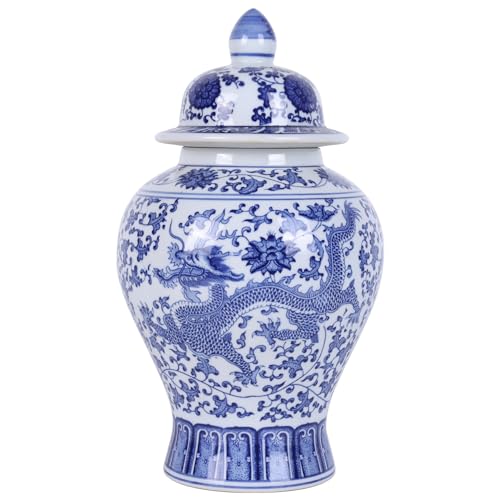 Big Chinoiserie Blue and White Porcelain Ginger Jar with Lid- Handcrafted Decorative General Ginger Jars for Home Decor, Ginger Jar Vase (Flying dragon)