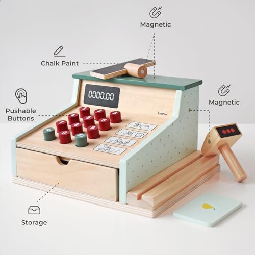 image for PairPear Wooden Toy Cash Register,Kids Pretend Play Money Counting Toy