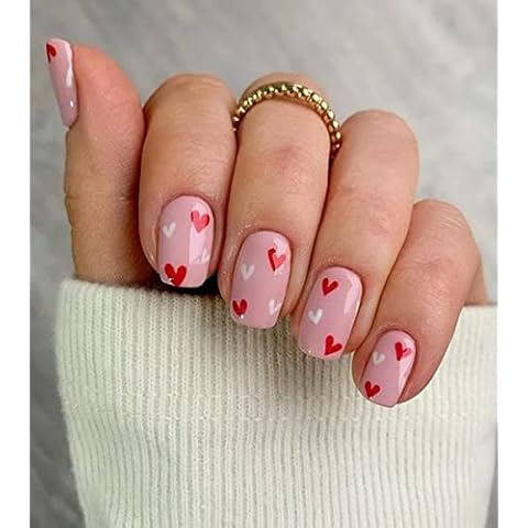 Morily Valentine's Day Press on Nails Medium Square Pink Fake Nails Glossy False Nails with Red White Heart Design Squoval Stick on Nails for Women Acrylic Nail Art Artificial Full Cover Nails 24Pcs Cover