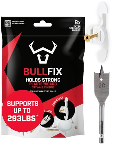 Bullfix Extra Drywall Fixings - Holds up to 293lbs, Heavy Duty Wall Anchors for Drywall for Stud & Hollow Cavity with 13/16" Drill Bit & Screws for TV Mounts, Shelves & Cabinets - Starter 8 Pack