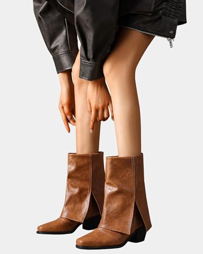 baobeijiadao Womens Square Toe Mid Calf Boots Chunky Heel Fold Over Boots Pull On Non Slip Fashion Boots for Women4