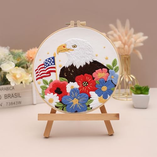 Image of Louise Maelys Bald Eagle Embroidery Kits for Beginners,Cross Stitch Kit with Adults,DIY Arts Craft with Stars and Stripes Flag and Flowers Pattern,Including Cloth,Hoop,Instructions and Threads