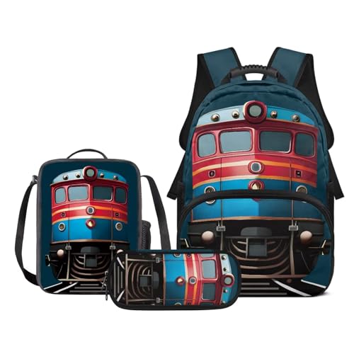 LJMKZJN 3 Pieces Cartoon Car Backpack Set for Teen Kid Full Prints Bookbag Set with Lunch Box and Pencil Case Laptop Daypack for Travel College Casual Hiking Trip Bag