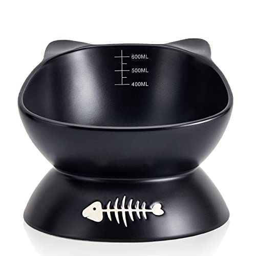 Cuenco grande para gatos elevado para alimentos secos y húmedos, cuenco de agua de 6 pulgadas, diseño inclinado para comer fácilmente, regalo para gato (negro) Cover