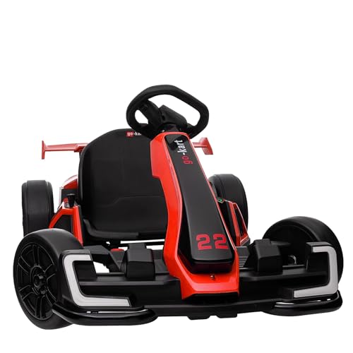 KerryYoo K61 Go Kart Electric Drift Kart with Length Adjustable Seat, 24V Outdoor Ride on Toy with 4 Speed Mode, Crazy Cart for Kids 6-12 Years Old, Fast 300W Motor, 8.5 MPH, Bluetooth - Bright Red