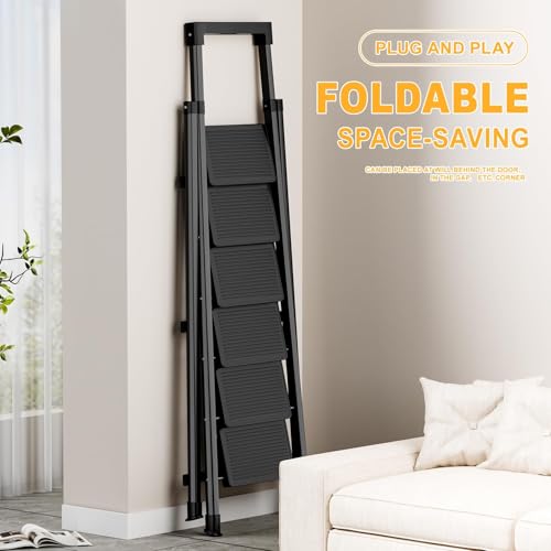 Image of 9 Step Ladder with Platform,Folding Step Stool Heavy Duty,Protable Step Ladders with Anti-Slip Widen Pedals,Handrail,Safe-Lock Design,Tall Kitchen /Closet Step Ladder for Adults