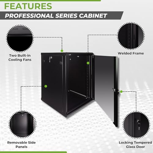 Image of NavePoint 15U Server Rack Enclosure - 23.6 inch Deep, Wall Mount Network Cabinet with Locking Glass Door for 19 inch IT Equipment, Network Rack with 2 Fans, Removable Side Panels, Black
