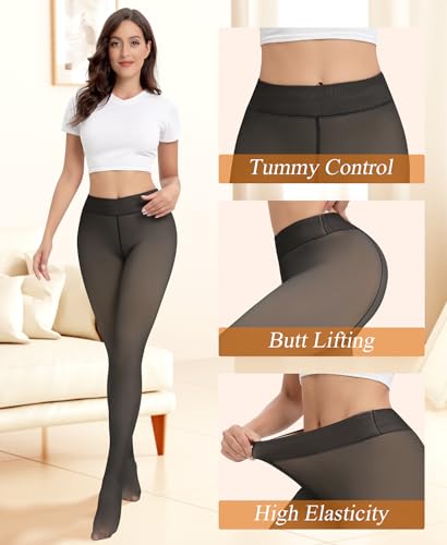 Image of DOCUMO Fleece Lined Tights for Women Thermal Pantyhose Winter Warm Fake Translucent Tights High Waisted Thick Leggings