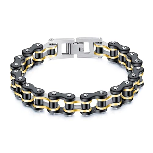 Ockyunoo Bracelet Chaine Moto, Bracelet à Maillon en Acier Inoxydable, Lien de Punk Rock, Bracelet Motard, Mountain Bike Bracelet, 22 cm (Doré)