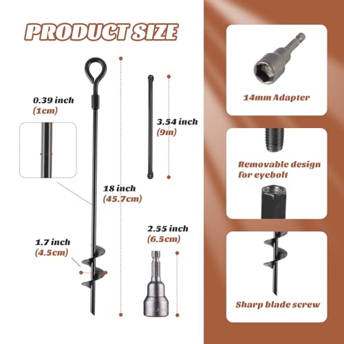 MIXXIDEA18 Inch Ground Anchors Screw in Folding Ring Spiral Metal Ground Stakes Dog Tie Out Stake Spiraling Anchor Trampoline Anchors for Tent (black-4pk)
