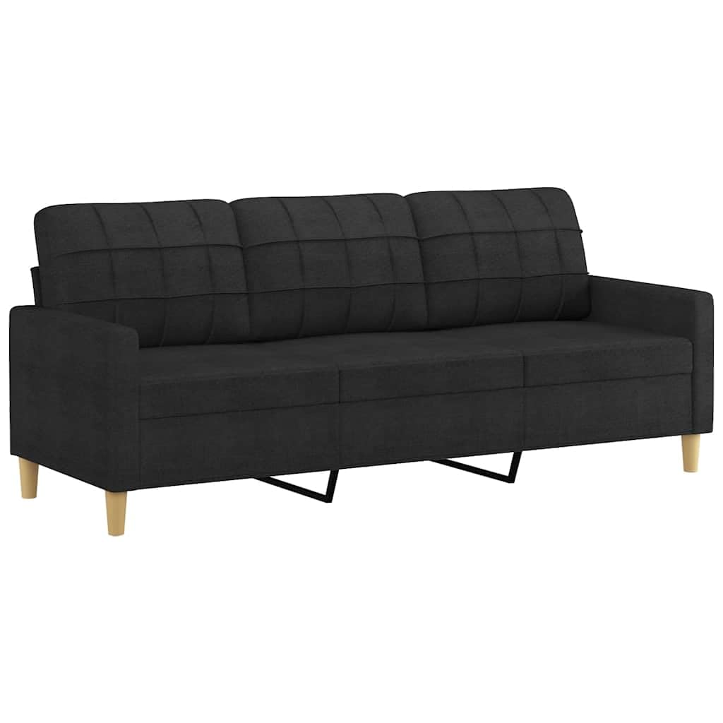 3-osobowa sofa z ozdobną poduszką, czarna, 180 cm, tkanina, nowoczesny design, wygodny mebel do siedzenia do salonu i pokoju gościnnego, trwała poszewka, stabilna metalowa konstrukcja