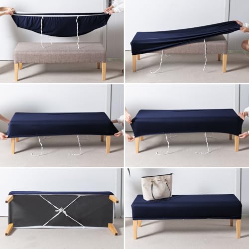 Image of HOKIPO 'SereneSolids' 140 GSM Dining Bench Cover Stretchable Slipcover, Navy Blue (AR-6245-NBL)