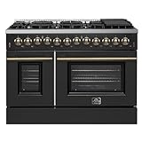 Forno Galiano 48-Inch Dual Fuel Range in Black with Antique Brass Accents - 8 Sealed Burners 107,000 BTU, Integrated Griddle, 6.58 cu.ft. Double Convection Ovens