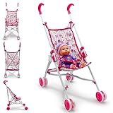 Sillita de Paseo para Muñecas - AMATOYS - Carrito Juguete Plegable - Pack 2 en 1 con Bebé Muñeco - Juego de Imitación y Paseo para Niñas y Niños