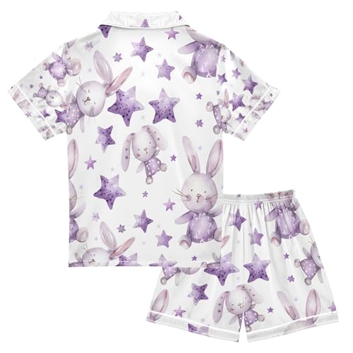 senya Watercolor Rabbit Star Satin Summer Pajama Sets Silk Short Sleeve Button Down Sleepwear2