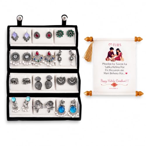 Image of FUBS Oxidized Designer Stud Earrings Set of 12 with Folding Jewelry Box | Traditional & Modern Earring Set for Women & Girls