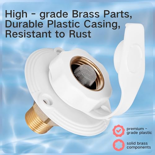 Image of RV City Water Inlet with Check Valve - 3 /4″ NH to 1 /2″ NPT Brass, White Dust Cap