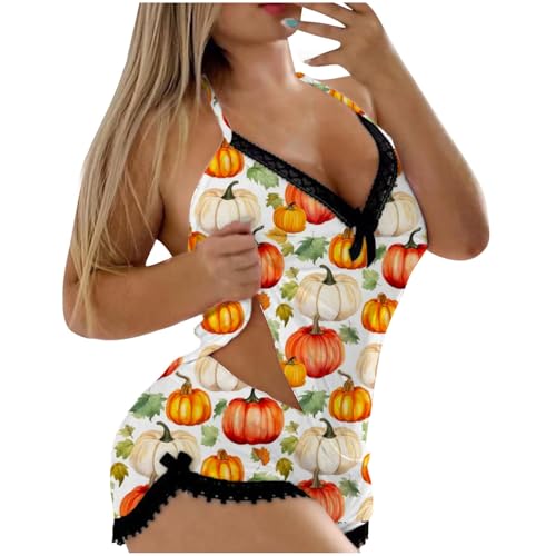 Generisch Conjunto de 2 pantalones cortos sexy de Halloween para mujer, con estampado de calabaza, conjunto de 2 piezas, ropa de dormir de encaje sin espalda, lencería (naranja, S)