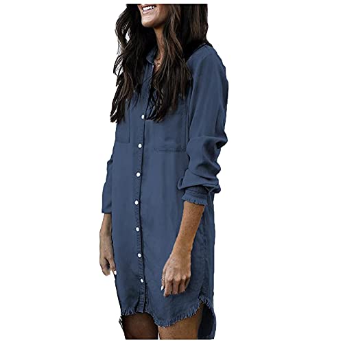 Long Tshirts for Women to Wear with Leggings Denim Shirts Fringe Sleeve Tops Button Up Blouse Fitted Tunic Navy