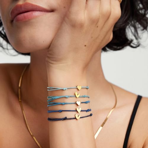 5 Pcs String Bracelets, Adjustable Heart Bracelet Bulk with Gold Heart Cord Blue gradient Bracelets for Women2