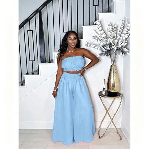 Image of Two Piece Sets for Women Summer Outfits Crop Tops and Wide Leg Pants Sets Sexy Jumpsuits Vacation Outfits with Pockets