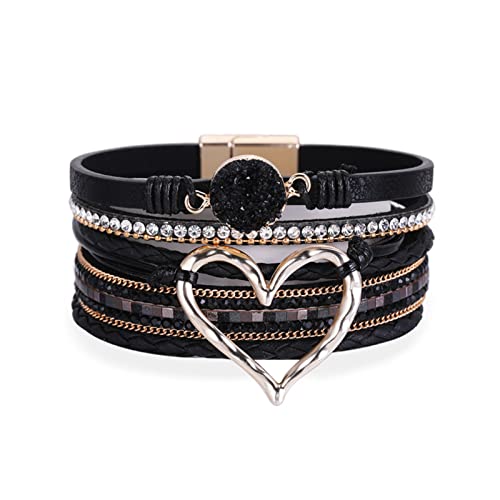 Caiyao Multilayer Bohemian Pu Leather Wrap Bracelet Bangle Evil Eye Crystal Rhinestone Beaded Heart Wristband Bracelet For Women Men Boho Cuff Jewelry Gift-A Black Heart cover