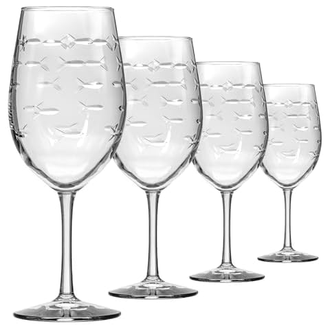 Rolf Glass School of Fish 18oz All Purpose Wine Glass | Set of 4 | Large Wine Glasses | Lead-free Crystal Glass | Engraved Wine Glasses | Made in the USA Cover