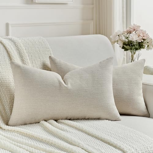 FUTEI Beige Chenille Decorative Throw Pillow Covers 12x20 Inch Set of 2,Soft Cozy Faux Linen Textured Lumbar Pillow Cases,Farmhouse Home Decor for Couch Living Room