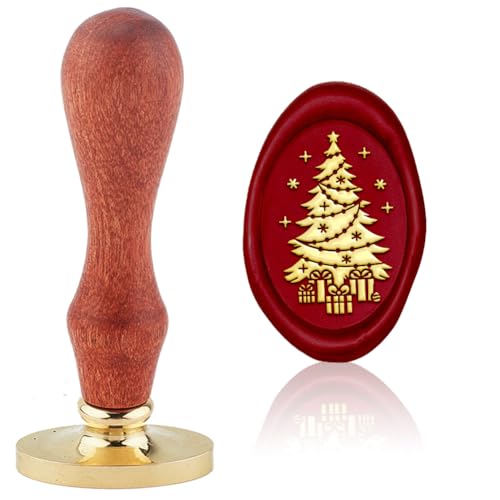 Hobbspring Christmas Vintage Wax Seal Stamp Christmas Tree Sealing Wax Stamps Oval Removable Brass Stamp Head with Wood Handle for Christmass New Year Gift Packages Decor Back to School