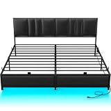 Cyclysio King Size Bed Frame with Headboard, Bed Frame King Size with Charging Station and LED Lights, Height Adjustable PU Leather Headboard, Strong Metal Slats Support, No Box Spring Needed, Black