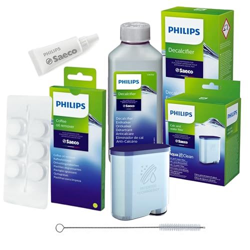Philips AquaClean Kit d'entretien complet pour machines à café : filtre à eau CA6903, détartrant 250 ml, graisse lubrifiante HD5061, dégraissant café...