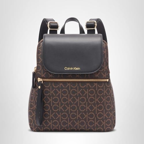 Calvin Klein Reyna Signature Key Item Flap Backpack, Brown/Khaki/Black, One Size