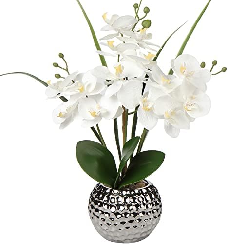 Briful Orchids Artificial Flowers, 20'' White Faux Orchid with Silver Vase Phalaenopsis Orchid Fake Orchid Fake Plant for Home Bathroom Table Living Room Office Kitchen Decor
