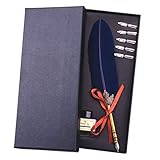 ShinMor Dip Pen Set Antique Feather Copper Pen Stem Calligraphy Writing Quill Ink Dip Pen （Navy）