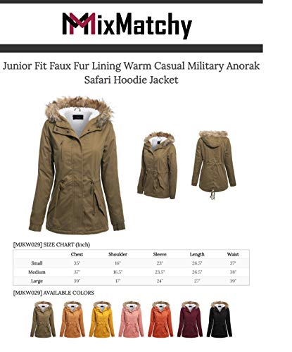 MixMatchy Women\'s Junior Fit Faux Fur Lining Warm Casual Military Anorak Safari Hoodie Jacket Black S
