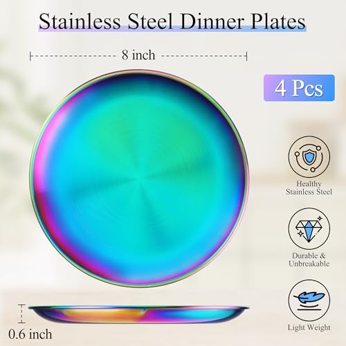 LIANYU 304 Stainless Steel Dinner Plates Set of 4, 8 Inch Small Metal Round Camping Plate for Kids Toddlers Feeding, Party Dessert Snack Salad Serving, Non-Toxic Unbreakable Dishes, Rainbow by LIANYU - Image 2
