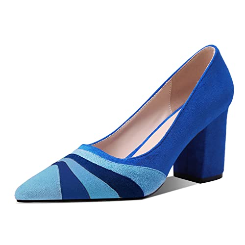 LEHOOR Women Rainbow Chunky Heel Pumps Pointed Toe Suede Multicolor High Heels 3 Inch Slip On Closed Toe Block Dress Pumps for Ladies Party Office Classic Comfy Retro Fashion 4-13 M US