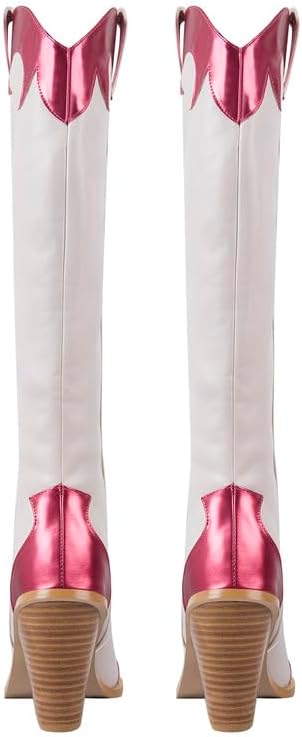 sexytag Western Knee High Boots Metallic Pointed Toe Patchwork Cowboy Boots Chunky Heel Cowgirl Boots Colorful Tall Cowgirl Boots