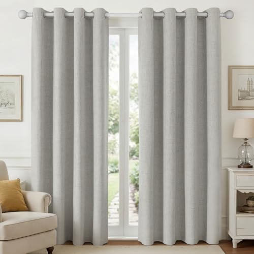 Joydeco Black Out Curtains 84 Inch Long 2 Panels Set, Greyish White Thermal Insulated Burlap Curtain & Drapes, Grommet Room Darkening Textured Drapes for Bedroom Living Room