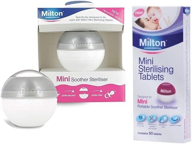 Milton Mini Portable Soother Steriliser Silver & Mini Sterilising Tablets (Contains 50 Tablets)