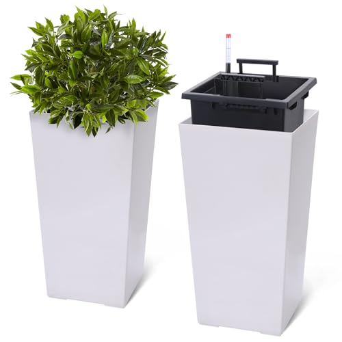 Garvee 22.5" Tall Planters Set of 2, Outdoor＆Indoor Black Planter Pots, High Front Porch Planter Pots with Drainage Holes＆Water Level Monitor＆In