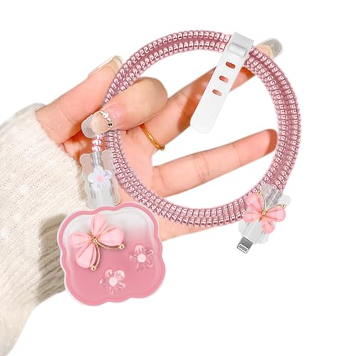 Wave Charger Cable Protector for Apple 20W USB-C Power Adapter with Cute Butterfly Flower Pattern, Soft Silicone Clear Data Cable Case Wire Saver Cord Charger Protector for iPhone-Pink