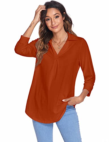 Newchoice Women's Collared V Neck 3/4 Sleeve Shirts Loose Business Casual Tops Trendy Dressy Work Blouses (Burnt Orange, S) #TOP3